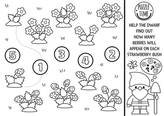 Match the numbers black and white fairyland game with dwarf counting flowers and strawberries. Woodland fairy garden math activity, coloring page for kids. Fairytale counting worksheet
