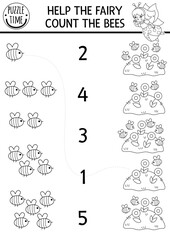 Match the numbers black and white fairyland game with bees and flowers. Woodland fairy bug math activity, coloring page for preschool kids. Fairytale educational counting worksheet