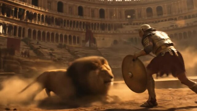Roman gladiator warrior confronting fierce lion in ancient colosseum arena, epic battle scene with dramatic lighting and historical combat entertainment spectacle