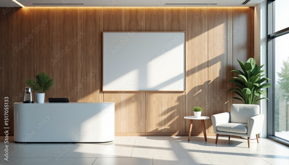 Poster modern reception area with sleek desk and greenery in sunlight