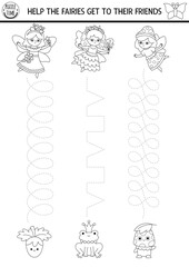 Vector black and white handwriting practice worksheet with woodland fairies, friends. Printable activity, coloring page for kids with girls. Fairyland tracing game with berry, frog, mushroom