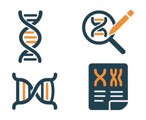 Two-Color vector icons of genetics: DNA strand, gene edit icon, double helix, chromosome map. Genetic scan, inherited traits, biotech tool, genetic test kit.