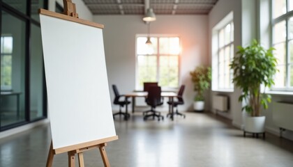 Empty easel in modern office space with natural light and plants  