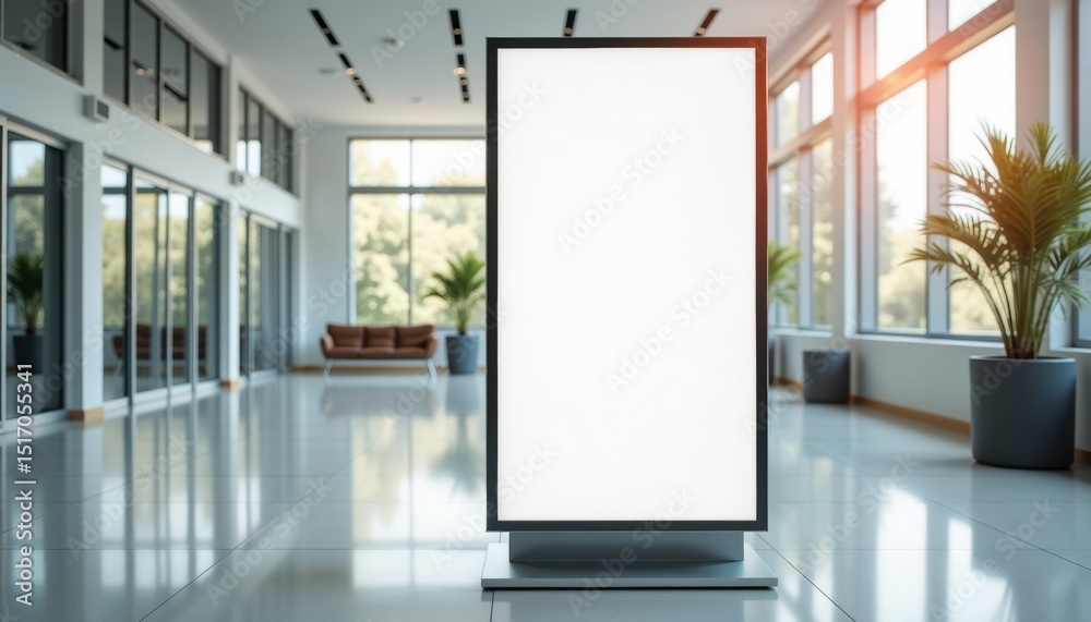Poster empty vertical advertising display in modern lobby with plants