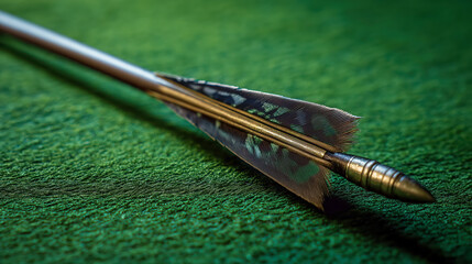 Single archery arrow resting on green textured surface, showing detail in fletching and tip, ideal for sports equipment, hunting and tradition themes