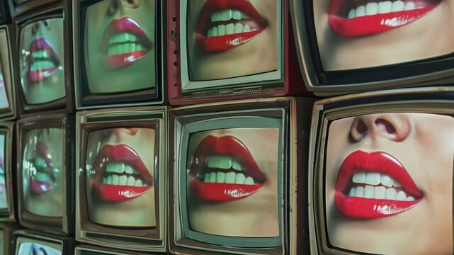Multiple vintage television screens displaying red glossy lips creating wall of sexualized entertainment content and adult media consumption imagery. Porn addiction concept