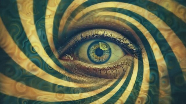 Hypnotic spiral eye creating mind control effect with swirling golden patterns designed for brainwashing and psychological manipulation techniques
