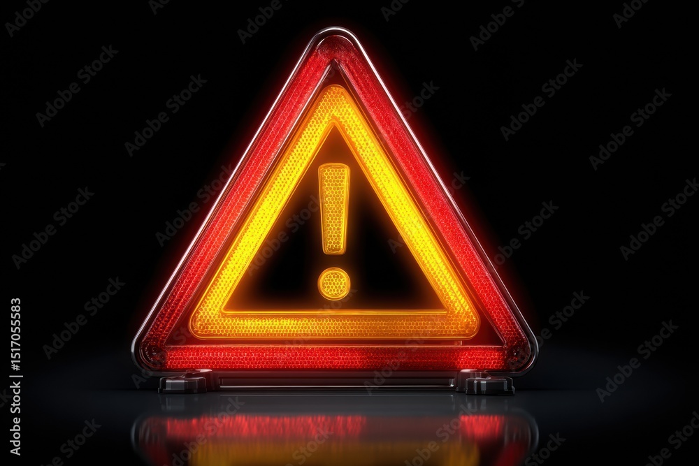Poster Warning Triangle With Blinking Lights Positioned Clearly on a Dark Background Indicating Caution During Nighttime or Limited Visibility Conditions