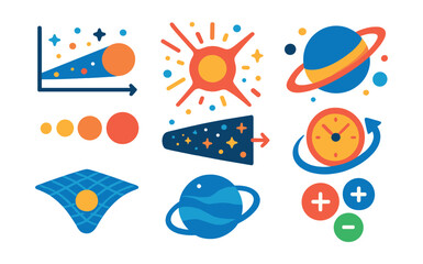 Flat vector icons of cosmic time and evolution: cosmic timeline, big bang icon, stellar evolution stages, planet formation, expanding universe, time dilation, spacetime grid, early universe particles