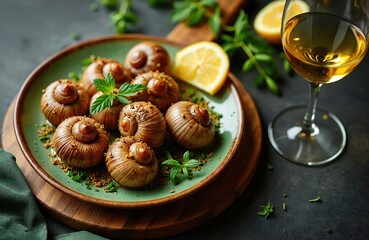Baked escargots snails with butter spice herbs lemon, served on plate with wine glass. French gourmet food. Appetizing, restaurant menu photo, delicious meal, ready to eat.
