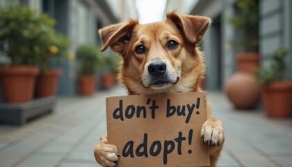 Cute stray dog holds do not buy adopt sign. Raising awareness about animal adoption shelter rescue. Compassionate image highlights homeless pets needing loving homes. Encourage people to adopt.