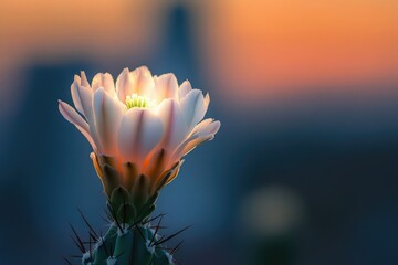 A close-up shot of a white cactus flower in bloom against a soft, blurred background of orange and blue hues.