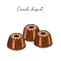 Appetizing and delicious sweet canelé dessert. Baked sweet treats dessert. Outline food art pastry