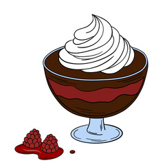 Appetizing and delicious sweet chocolate dessert pudding with whipped cream in glasses cup and berries. Bakery breakfast sweet treats dessert. Outline food art