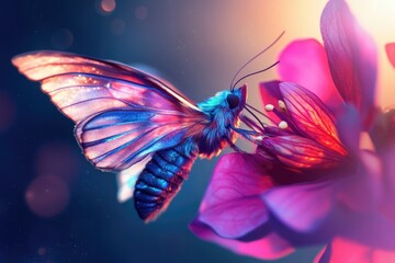 A vibrant butterfly with colorful wings perched delicately on a blooming pink flower in soft, dreamy lighting.