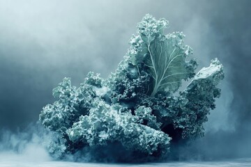 A close-up of kale with a moody, dramatic, and slightly surreal aesthetic and cold tones, surrounded by a soft, hazy background.