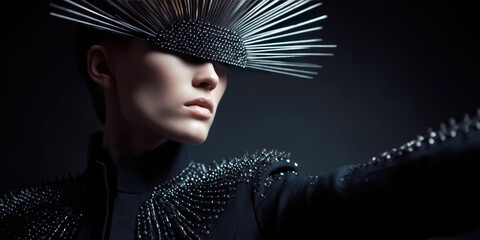 A person wearing a futuristic spiked visor and a studded jacket extends an arm forward. Futuristic fashion concept