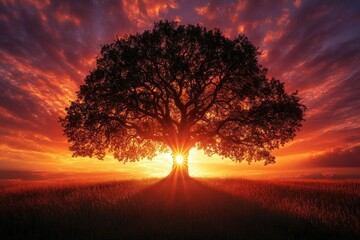 A majestic tree stands silhouetted against a vibrant, fiery sunset, casting long shadows across a serene field of grass.