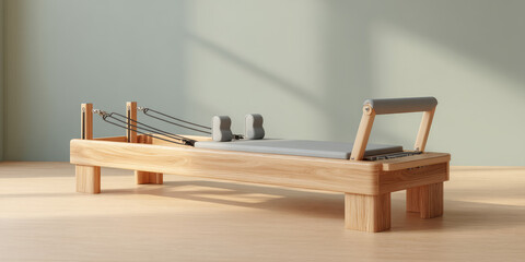 Pilates reformer placed on a wooden floor under soft natural light. Fitness equipment, wellness, exercise, minimalistic design