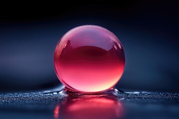 A glowing, translucent orb sits on a dark, reflective surface with visible condensation droplets.