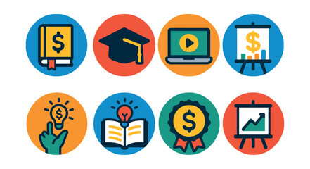 Flat vector icons of financial education (in circles): finance book, graduation cap, online finance course, budget lesson, money tips icon, knowledge icon, financial literacy badge, course chart.
