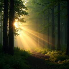 Sunrise in forest, tranquil green forest bathed in golden hour light, tall trees casting long shadows toward the right side, sun low on the left horizon, beams of sunlight streaking through branches.