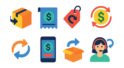 Flat vector icons of returns and refunds: return box, refund receipt, return label, money back icon, exchange arrows, refund app, restocking symbol, customer support for returns.