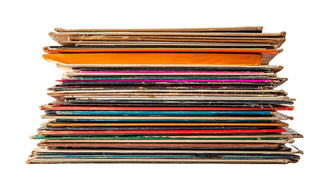 A colorful stack of vinyl records, representing a collection of musical history and genres.