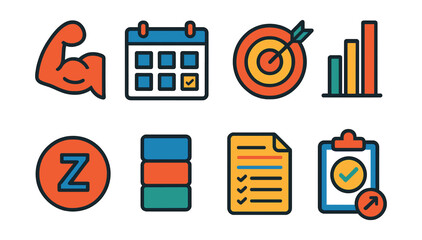 Flat vector icons of training programs: split routine, weekly calendar, goal-based plan, intensity level, rest day icon, training blocks, plan overview, tracking phase.