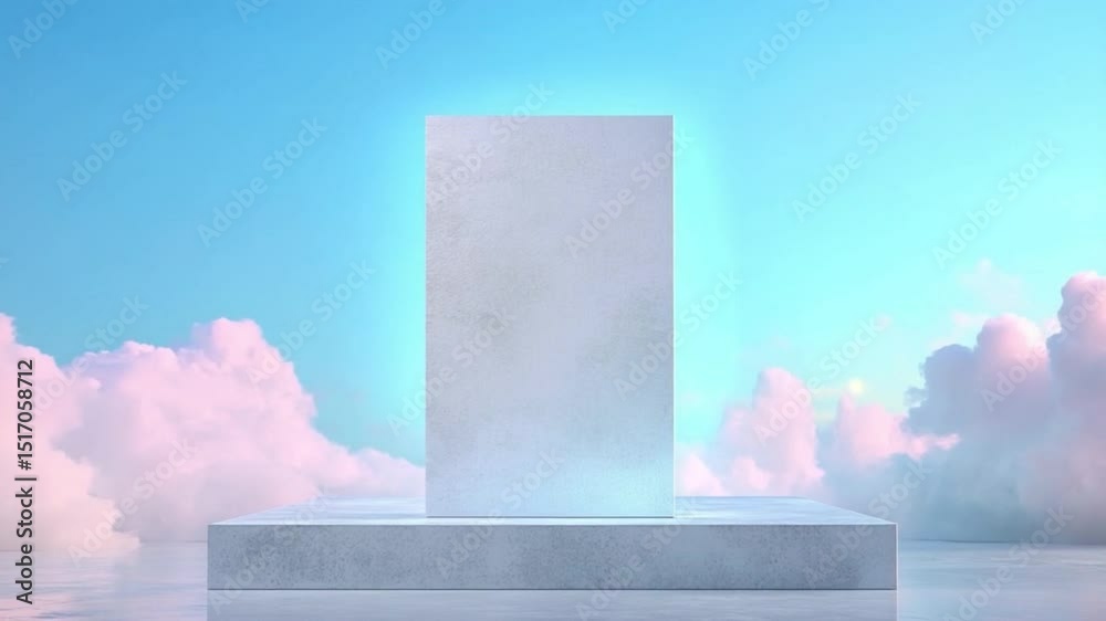 Poster Abstract Modern Display with Floating Cloud: A minimalistic display set against a serene sky, adorned with soft clouds. Its modern.