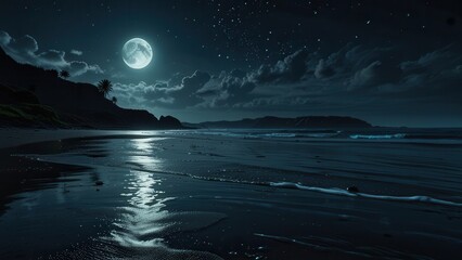 Moonlit Tropical Beach Bathed in Mysterious Full Moon Silver Light

