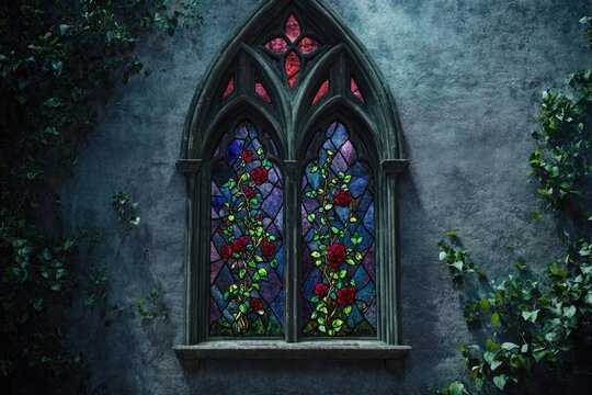 A gothic stained glass window with red rose vines crawling around it, set against a textured stone wall with green vines.