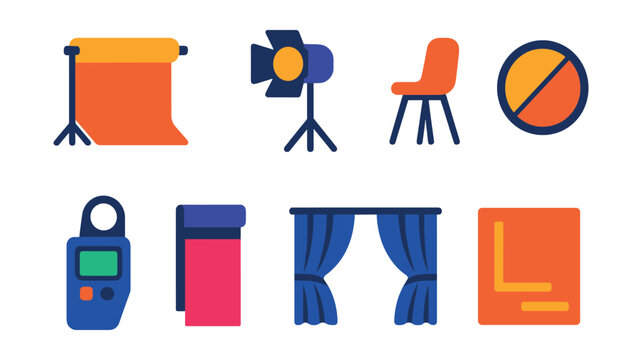 Flat vector icons of photo studio gear: backdrop roll, studio light, model pose chair, reflector disc, light meter, seamless paper, studio curtain, floor markings.