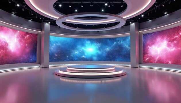 Modern virtual TV news studio background with stage, curved screens, lighting. Suitable for broadcasting, online shows, presentations, conferences, events. Futuristic design enhances media, video