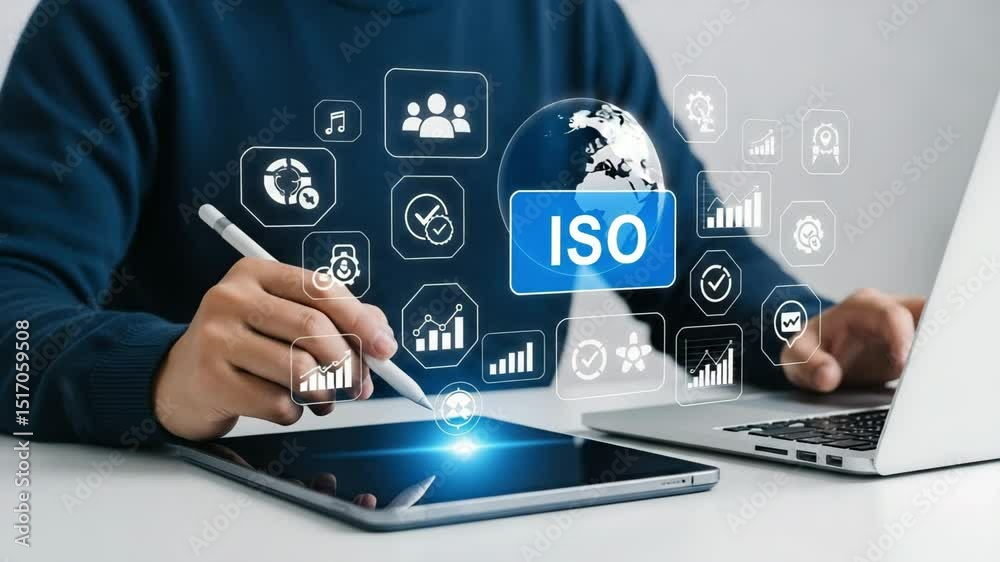 Poster Person using tablet and laptop with iso standard and business icons overlayed in the image