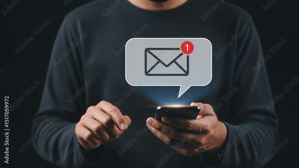 Poster person holding smartphone with new email notification icon above on a dark background image