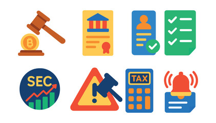 Flat vector icons of crypto regulation and policy: gavel with coin icon, government document, KYC form, compliance checklist, SEC chart icon, legal warning symbol, tax calculator, regulatory change