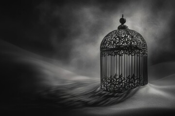 A vintage birdcage stands alone, its intricate design contrasting the stark, hazy monochrome landscape.