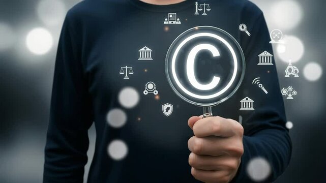 Person holding a magnifying glass over copyright symbol with law and protection icons around it