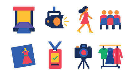 Flat vector icons of runway and fashion shows: catwalk stage, spotlight icon, model strut, audience seats, show invitation, backstage pass, runway camera, fashion collection.