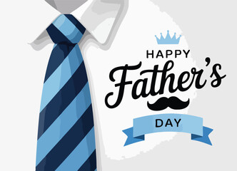 Happy father`s day calligraphy greeting card. Fathers Day vector lettering background with blue tie and white shirt

