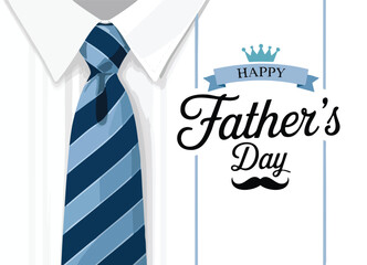 Happy father`s day calligraphy greeting card. Fathers Day vector lettering background with blue tie and white shirt

