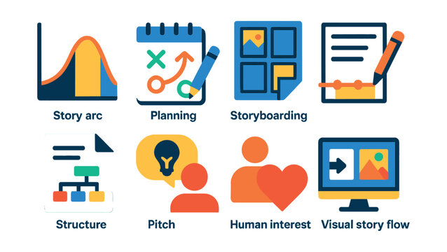 Flat vector icons of story development: story arc icon, narrative planning, storyboarding, writing timeline, structure guide, story pitch, human interest icon, visual story flow.