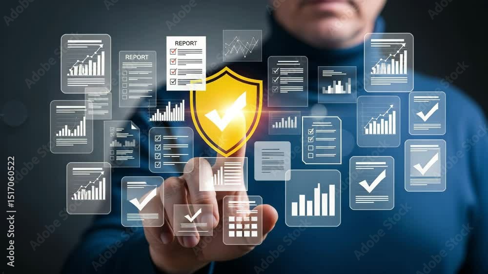 Aufkleber Man touching a digital shield surrounded by reports and charts on a dark background interface