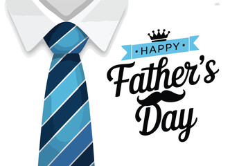 Happy father`s day calligraphy greeting card. Fathers Day vector lettering background with blue tie and white shirt
