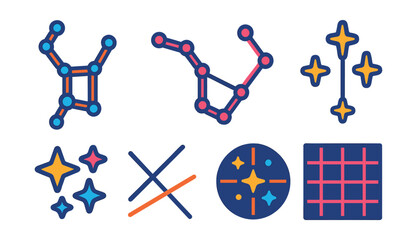 Flat vector icons of constellations and patterns: Orion constellation, Big Dipper, Cassiopeia, Southern Cross, constellation lines, glowing stars, star coordinates, night sky grid.