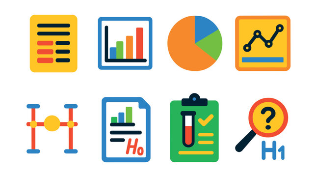 Flat vector icons of scientific data and analysis: data sheet, graph icon, pie chart, trend line, error bars, statistical icon, research results, hypothesis testing.