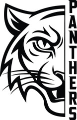 A black and white graphic logo of a panther head next to the word panthers in a vertical line