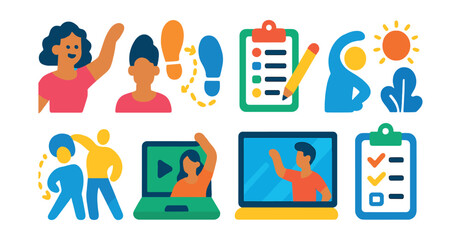 Flat vector icons of dance classes and lessons: group class icon, dance teacher, beginner steps, lesson plan clipboard, warm-up icon, online dance class, mirror practice, attendance sheet.