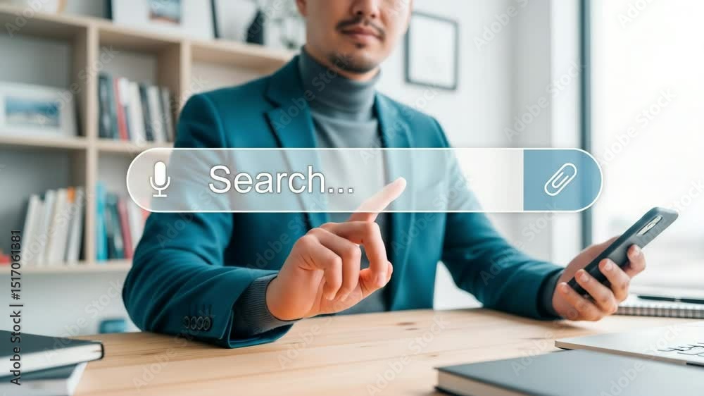 Aufkleber Man in blazer using search bar with microphone and attachment icon on phone at desk with books